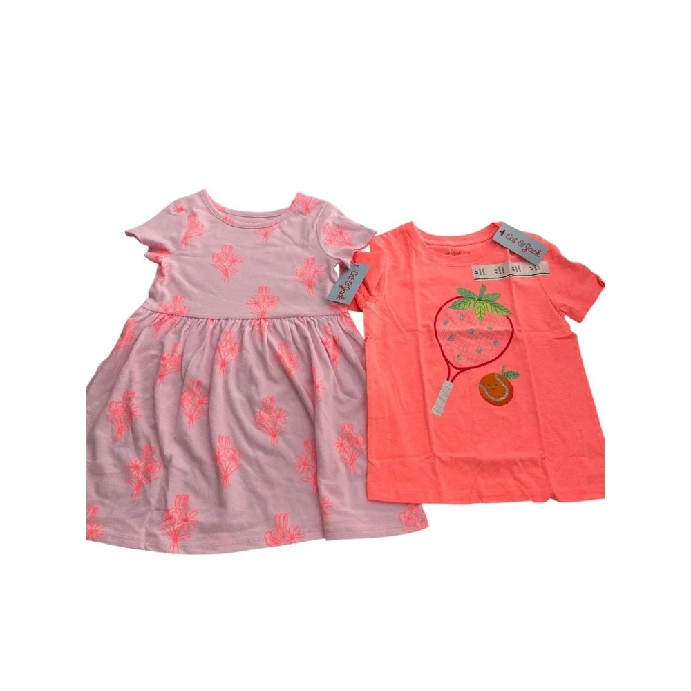 Cat & Jack Girls 2-Piece Outfit 4T Light Pink Dress & Coral Top Short Sleeve Lot
